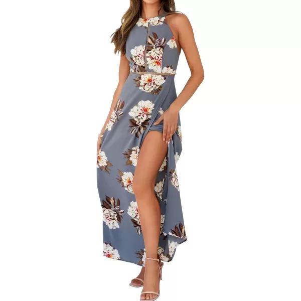imageZESICA Womens 2024 Summer Halter Neck Floral Print Backless Split Beach Party Maxi DressGrey