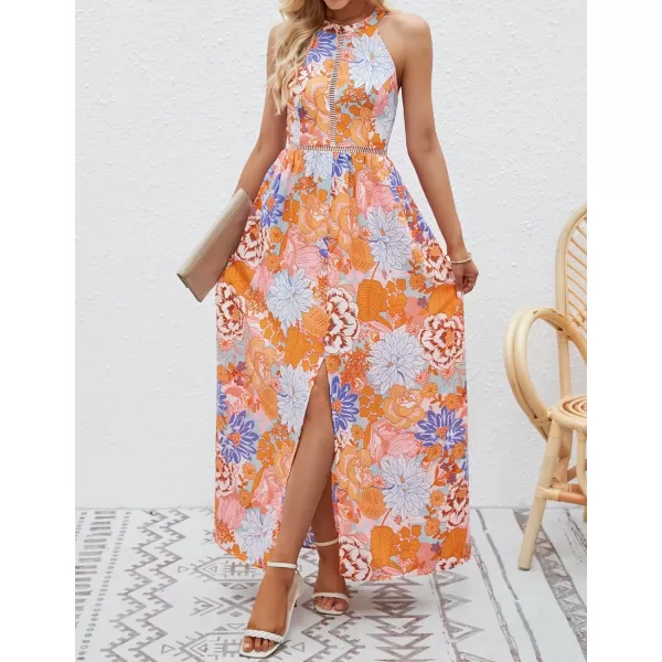 imageZESICA Womens 2024 Summer Halter Neck Floral Print Backless Split Beach Party Maxi DressTangerine