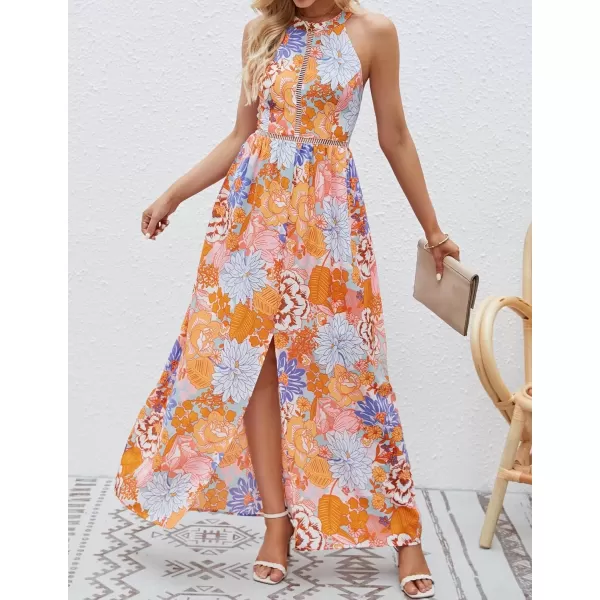 imageZESICA Womens 2024 Summer Halter Neck Floral Print Backless Split Beach Party Maxi DressTangerine