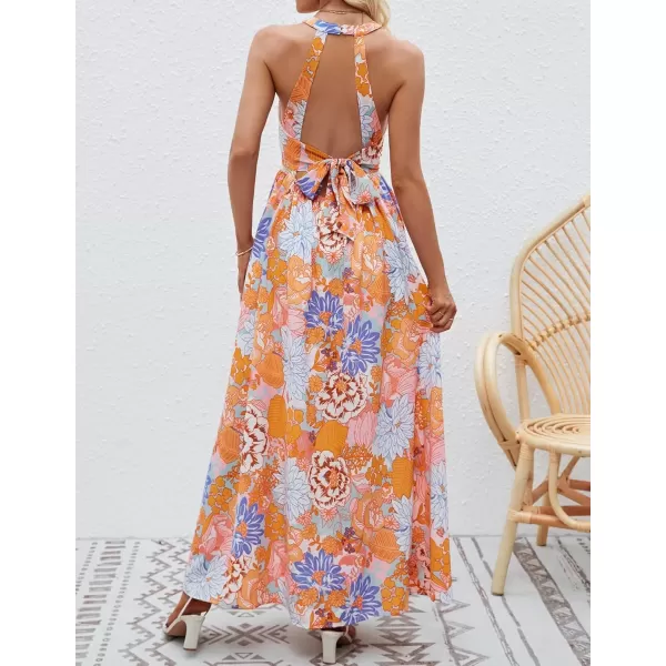 imageZESICA Womens 2024 Summer Halter Neck Floral Print Backless Split Beach Party Maxi DressTangerine