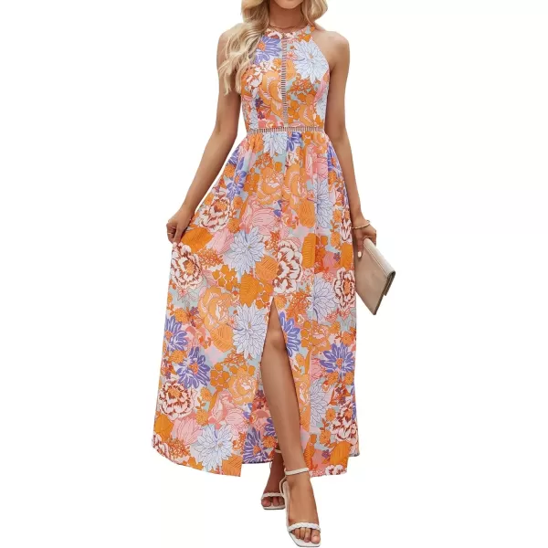 imageZESICA Womens 2024 Summer Halter Neck Floral Print Backless Split Beach Party Maxi DressTangerine