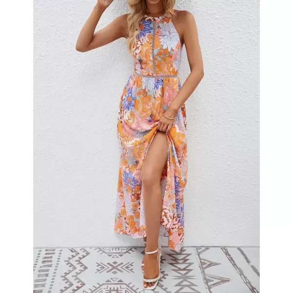 imageZESICA Womens 2024 Summer Halter Neck Floral Print Backless Split Beach Party Maxi DressTangerine