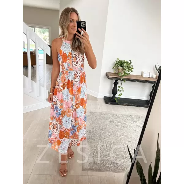 imageZESICA Womens 2024 Summer Halter Neck Floral Print Backless Split Beach Party Maxi DressTangerine