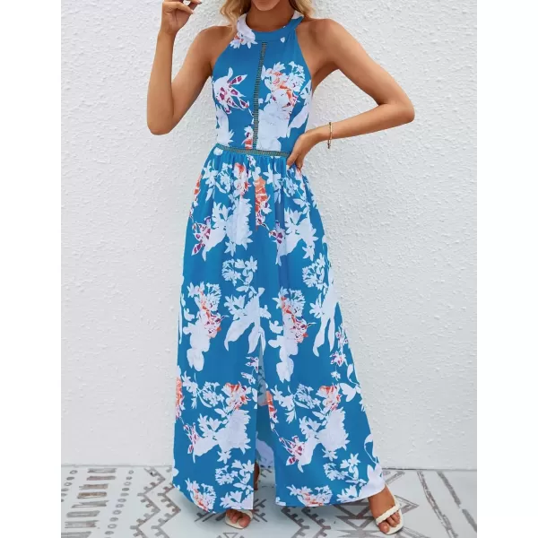 imageZESICA Womens 2024 Summer Halter Neck Floral Print Backless Split Beach Party Maxi DressTeal