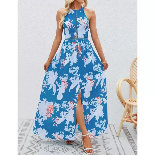 imageZESICA Womens 2024 Summer Halter Neck Floral Print Backless Split Beach Party Maxi DressTeal