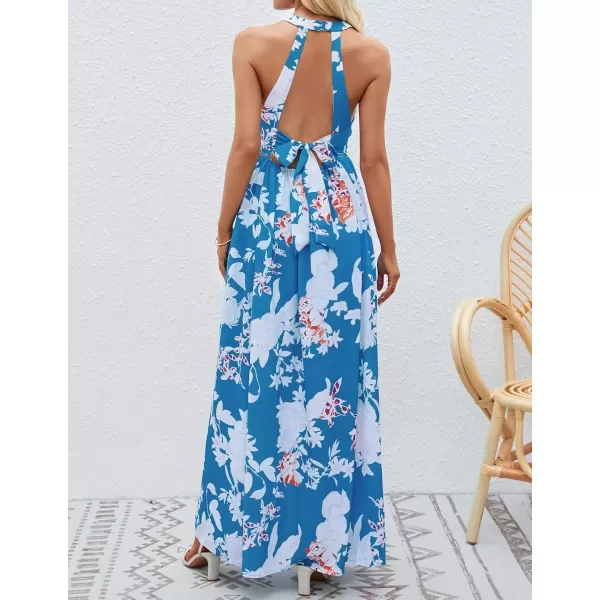 imageZESICA Womens 2024 Summer Halter Neck Floral Print Backless Split Beach Party Maxi DressTeal