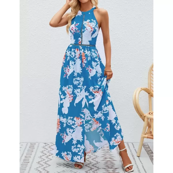 imageZESICA Womens 2024 Summer Halter Neck Floral Print Backless Split Beach Party Maxi DressTeal