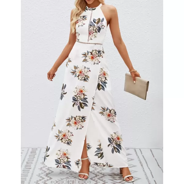imageZESICA Womens 2024 Summer Halter Neck Floral Print Backless Split Beach Party Maxi DressWhite
