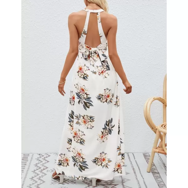 imageZESICA Womens 2024 Summer Halter Neck Floral Print Backless Split Beach Party Maxi DressWhite