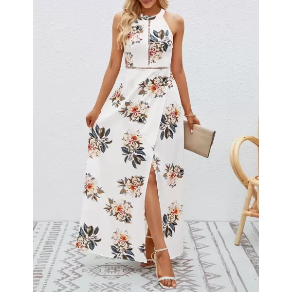 imageZESICA Womens 2024 Summer Halter Neck Floral Print Backless Split Beach Party Maxi DressWhite