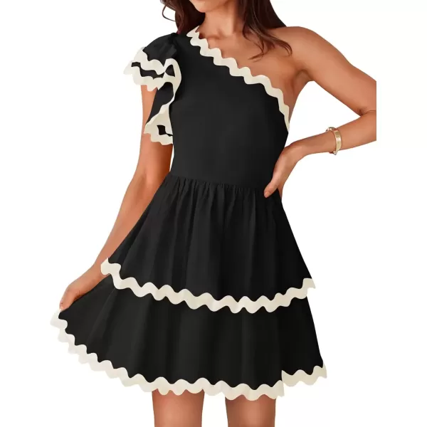 imageZESICA Womens 2024 Summer One Shoulder Dresses Ruffle Short Sleeve Tiered Layered Swing A Line Mini SundressBlack
