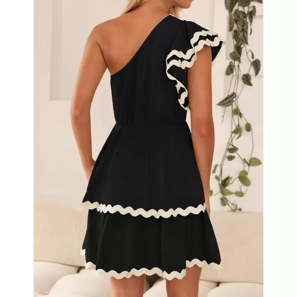 imageZESICA Womens 2024 Summer One Shoulder Dresses Ruffle Short Sleeve Tiered Layered Swing A Line Mini SundressBlack