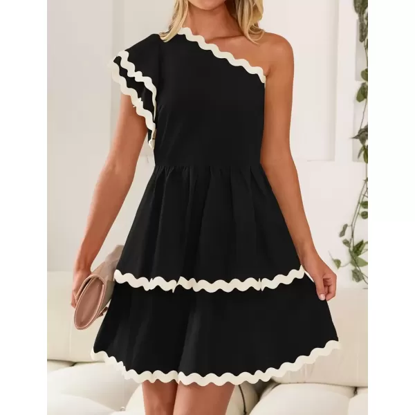 imageZESICA Womens 2024 Summer One Shoulder Dresses Ruffle Short Sleeve Tiered Layered Swing A Line Mini SundressBlack