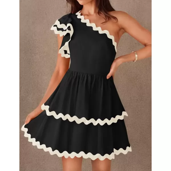 imageZESICA Womens 2024 Summer One Shoulder Dresses Ruffle Short Sleeve Tiered Layered Swing A Line Mini SundressBlack
