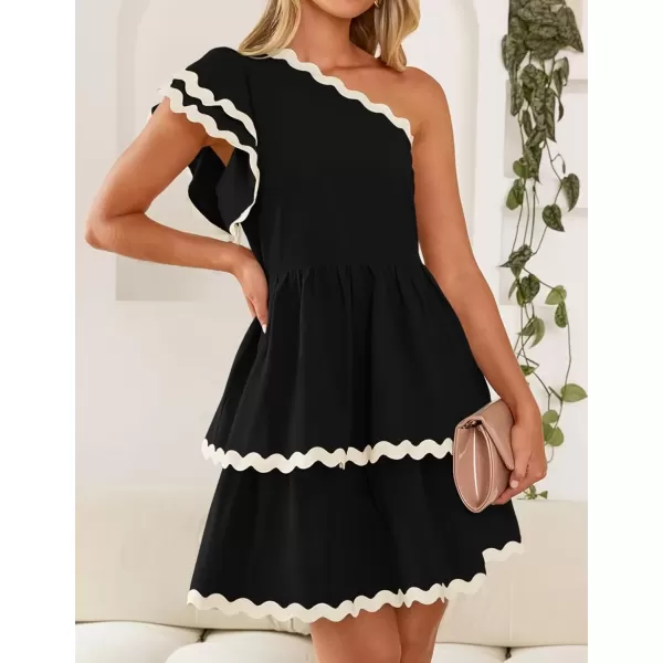imageZESICA Womens 2024 Summer One Shoulder Dresses Ruffle Short Sleeve Tiered Layered Swing A Line Mini SundressBlack