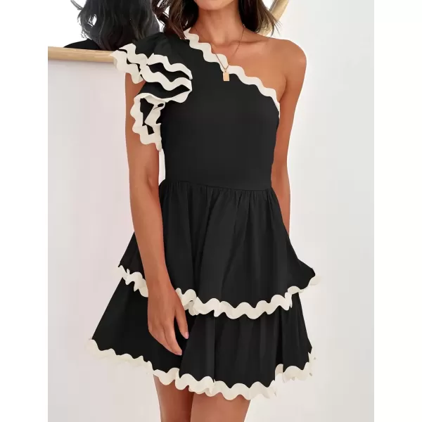 imageZESICA Womens 2024 Summer One Shoulder Dresses Ruffle Short Sleeve Tiered Layered Swing A Line Mini SundressBlack