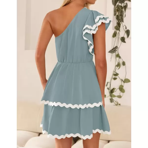 imageZESICA Womens 2024 Summer One Shoulder Dresses Ruffle Short Sleeve Tiered Layered Swing A Line Mini SundressBlue