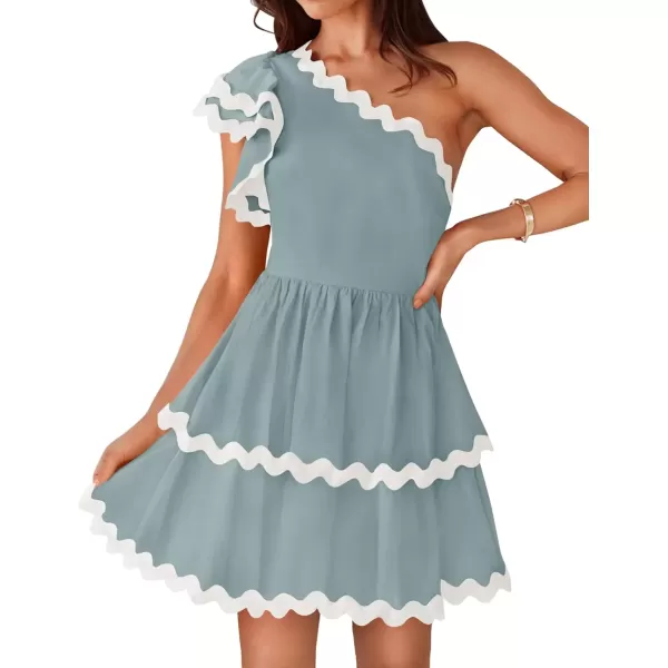 imageZESICA Womens 2024 Summer One Shoulder Dresses Ruffle Short Sleeve Tiered Layered Swing A Line Mini SundressBlue