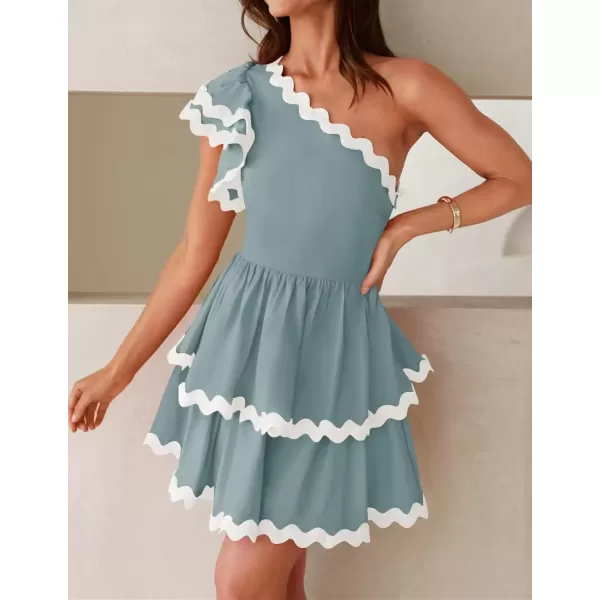 imageZESICA Womens 2024 Summer One Shoulder Dresses Ruffle Short Sleeve Tiered Layered Swing A Line Mini SundressBlue