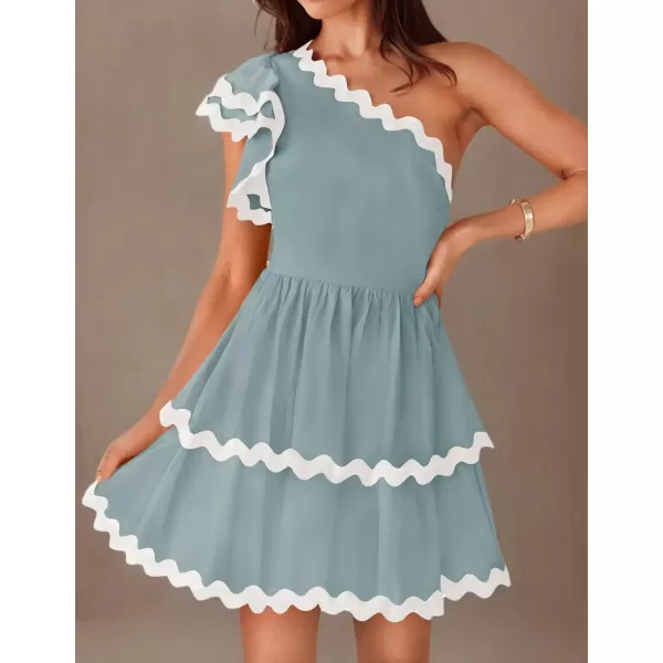 imageZESICA Womens 2024 Summer One Shoulder Dresses Ruffle Short Sleeve Tiered Layered Swing A Line Mini SundressBlue