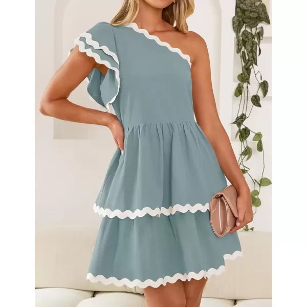 imageZESICA Womens 2024 Summer One Shoulder Dresses Ruffle Short Sleeve Tiered Layered Swing A Line Mini SundressBlue