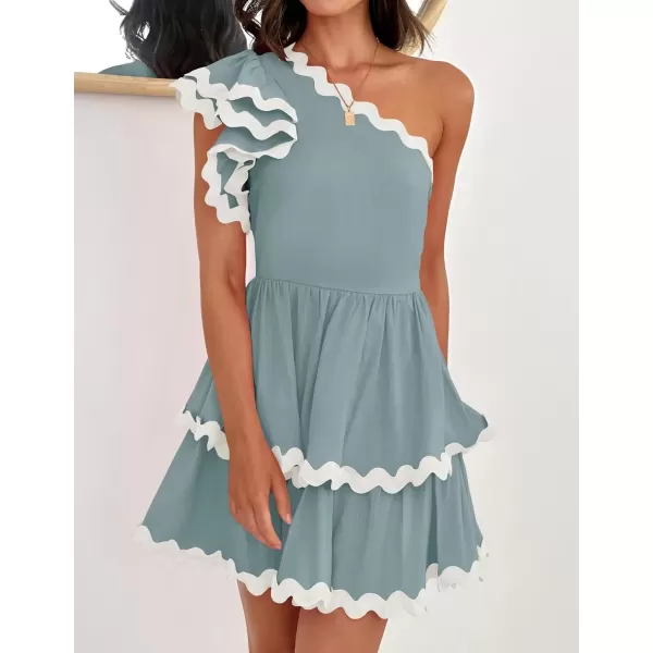imageZESICA Womens 2024 Summer One Shoulder Dresses Ruffle Short Sleeve Tiered Layered Swing A Line Mini SundressBlue