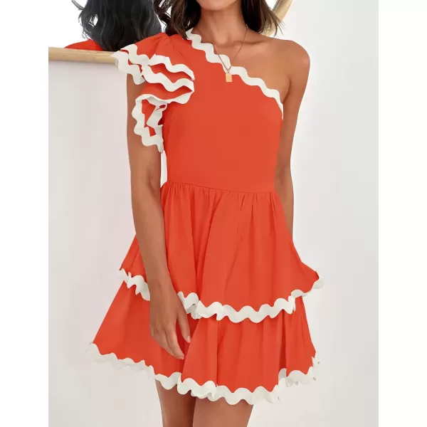 imageZESICA Womens 2024 Summer One Shoulder Dresses Ruffle Short Sleeve Tiered Layered Swing A Line Mini SundressOrange