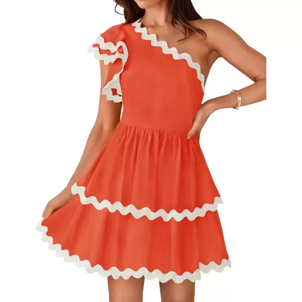 imageZESICA Womens 2024 Summer One Shoulder Dresses Ruffle Short Sleeve Tiered Layered Swing A Line Mini SundressOrange