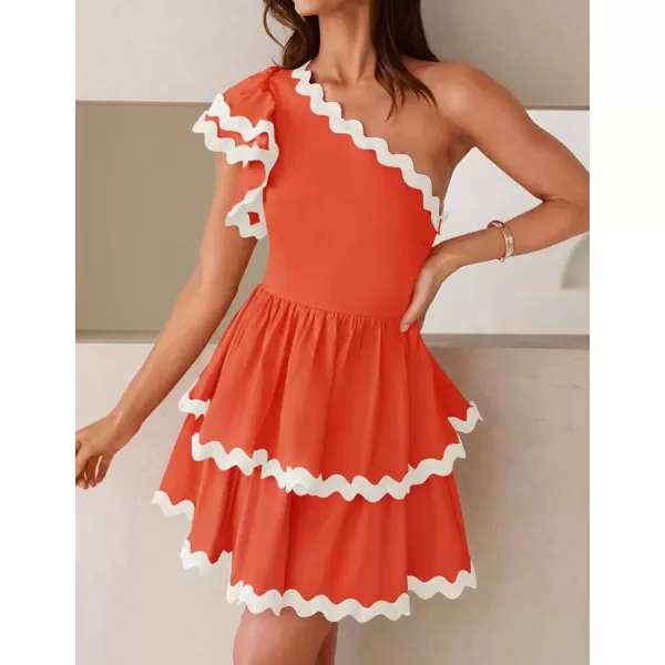 imageZESICA Womens 2024 Summer One Shoulder Dresses Ruffle Short Sleeve Tiered Layered Swing A Line Mini SundressOrange