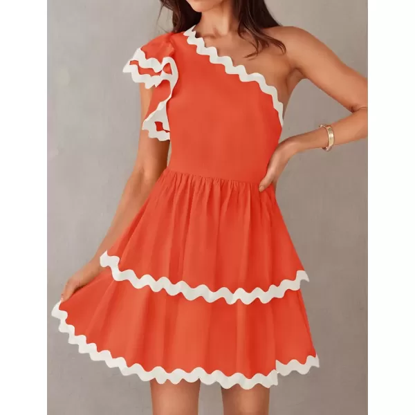 imageZESICA Womens 2024 Summer One Shoulder Dresses Ruffle Short Sleeve Tiered Layered Swing A Line Mini SundressOrange