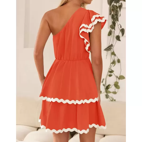 imageZESICA Womens 2024 Summer One Shoulder Dresses Ruffle Short Sleeve Tiered Layered Swing A Line Mini SundressOrange