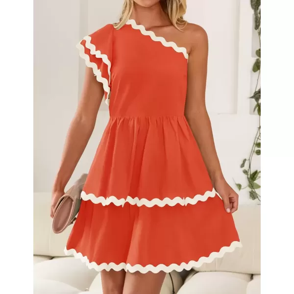 imageZESICA Womens 2024 Summer One Shoulder Dresses Ruffle Short Sleeve Tiered Layered Swing A Line Mini SundressOrange