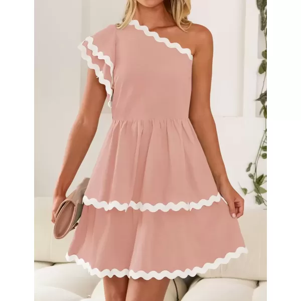 imageZESICA Womens 2024 Summer One Shoulder Dresses Ruffle Short Sleeve Tiered Layered Swing A Line Mini SundressPink