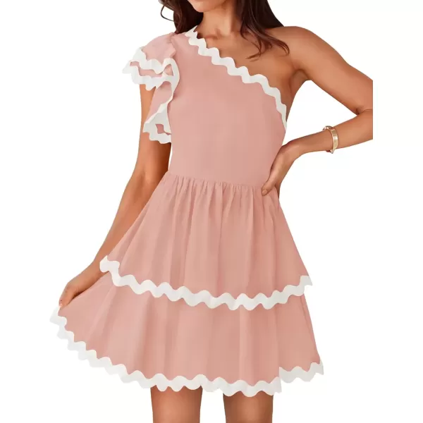 imageZESICA Womens 2024 Summer One Shoulder Dresses Ruffle Short Sleeve Tiered Layered Swing A Line Mini SundressPink