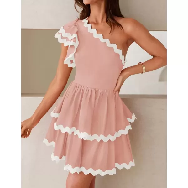 imageZESICA Womens 2024 Summer One Shoulder Dresses Ruffle Short Sleeve Tiered Layered Swing A Line Mini SundressPink