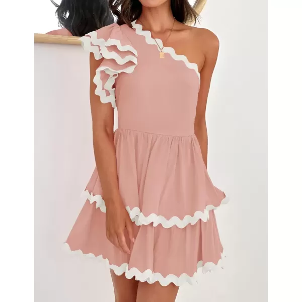 imageZESICA Womens 2024 Summer One Shoulder Dresses Ruffle Short Sleeve Tiered Layered Swing A Line Mini SundressPink