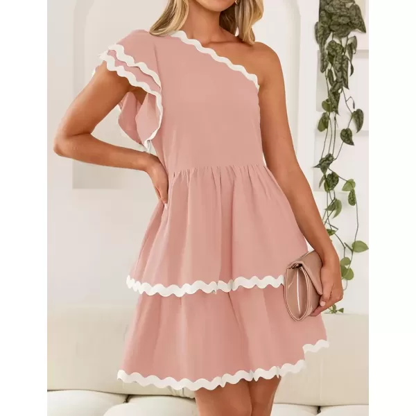 imageZESICA Womens 2024 Summer One Shoulder Dresses Ruffle Short Sleeve Tiered Layered Swing A Line Mini SundressPink