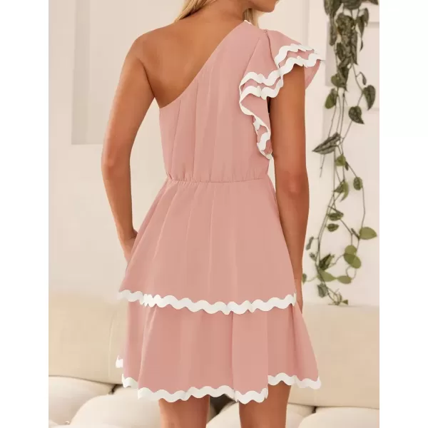 imageZESICA Womens 2024 Summer One Shoulder Dresses Ruffle Short Sleeve Tiered Layered Swing A Line Mini SundressPink