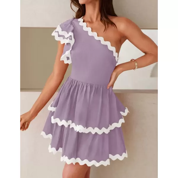 imageZESICA Womens 2024 Summer One Shoulder Dresses Ruffle Short Sleeve Tiered Layered Swing A Line Mini SundressPurple