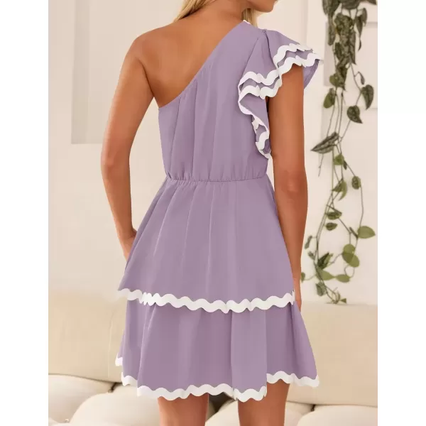 imageZESICA Womens 2024 Summer One Shoulder Dresses Ruffle Short Sleeve Tiered Layered Swing A Line Mini SundressPurple