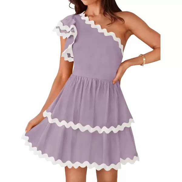 imageZESICA Womens 2024 Summer One Shoulder Dresses Ruffle Short Sleeve Tiered Layered Swing A Line Mini SundressPurple