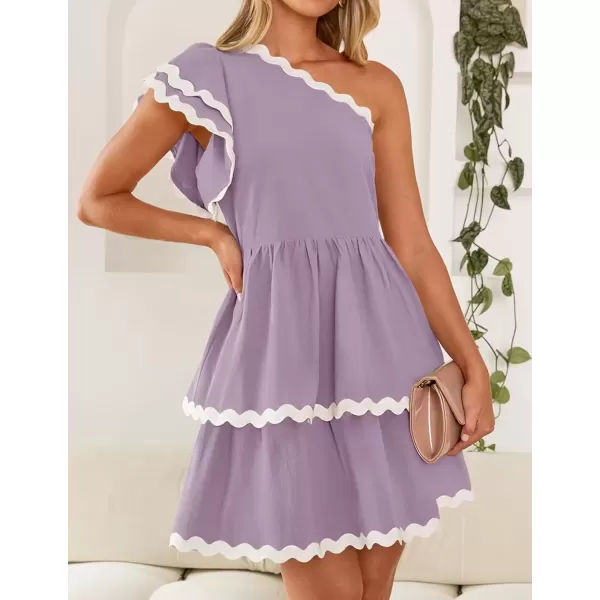 imageZESICA Womens 2024 Summer One Shoulder Dresses Ruffle Short Sleeve Tiered Layered Swing A Line Mini SundressPurple