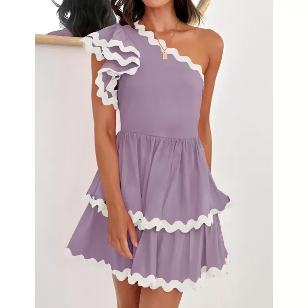 imageZESICA Womens 2024 Summer One Shoulder Dresses Ruffle Short Sleeve Tiered Layered Swing A Line Mini SundressPurple
