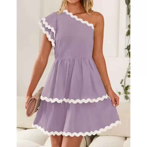 imageZESICA Womens 2024 Summer One Shoulder Dresses Ruffle Short Sleeve Tiered Layered Swing A Line Mini SundressPurple