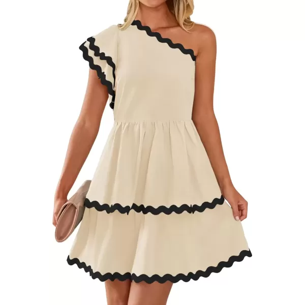 imageZESICA Womens 2024 Summer One Shoulder Dresses Ruffle Short Sleeve Tiered Layered Swing A Line Mini SundressSand