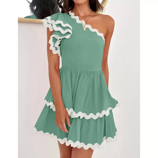 imageZESICA Womens 2024 Summer One Shoulder Dresses Ruffle Short Sleeve Tiered Layered Swing A Line Mini SundressTurquoise