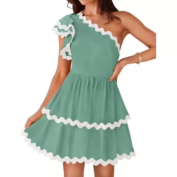 imageZESICA Womens 2024 Summer One Shoulder Dresses Ruffle Short Sleeve Tiered Layered Swing A Line Mini SundressTurquoise