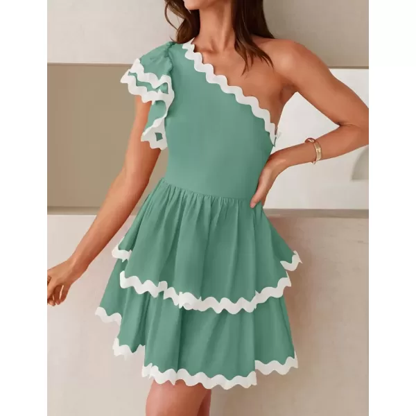 imageZESICA Womens 2024 Summer One Shoulder Dresses Ruffle Short Sleeve Tiered Layered Swing A Line Mini SundressTurquoise