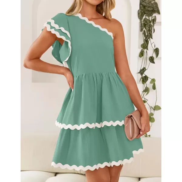imageZESICA Womens 2024 Summer One Shoulder Dresses Ruffle Short Sleeve Tiered Layered Swing A Line Mini SundressTurquoise