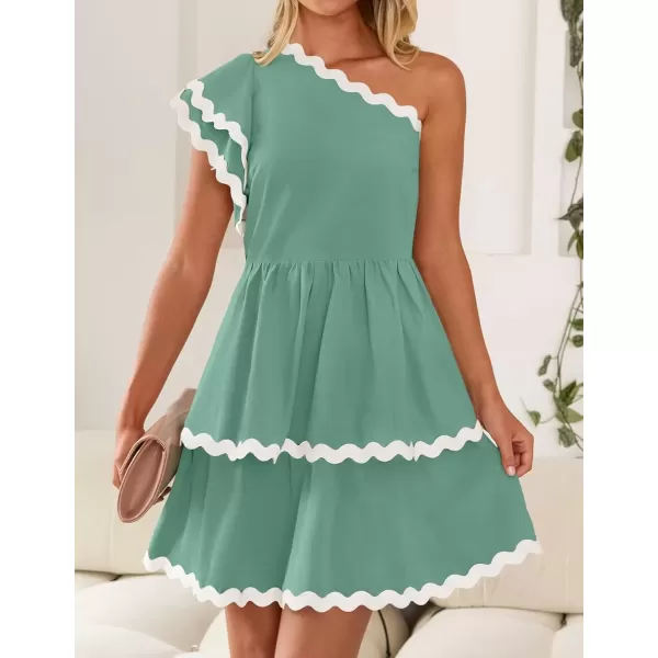 imageZESICA Womens 2024 Summer One Shoulder Dresses Ruffle Short Sleeve Tiered Layered Swing A Line Mini SundressTurquoise
